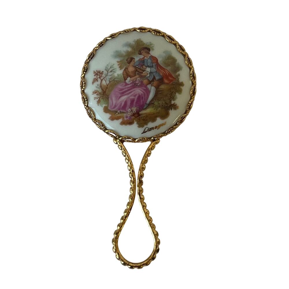 Limoges Hand Mirror Fragonard Courting Couple Porcelain Gold Filigree Vintage